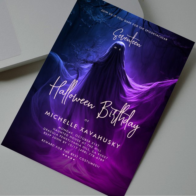 Vuxen Halloween Birthday Ghost Blue Lila Rosa Inbjudningar (Adult Halloween Birthday Ghost Blue Purple Pink Invitation
)