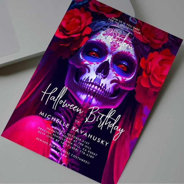 Vuxen Halloween Birthday Red Dam Skull Modern Inbjudningar (Adult Halloween Birthday Red Lady Skull Modern Invitation
)