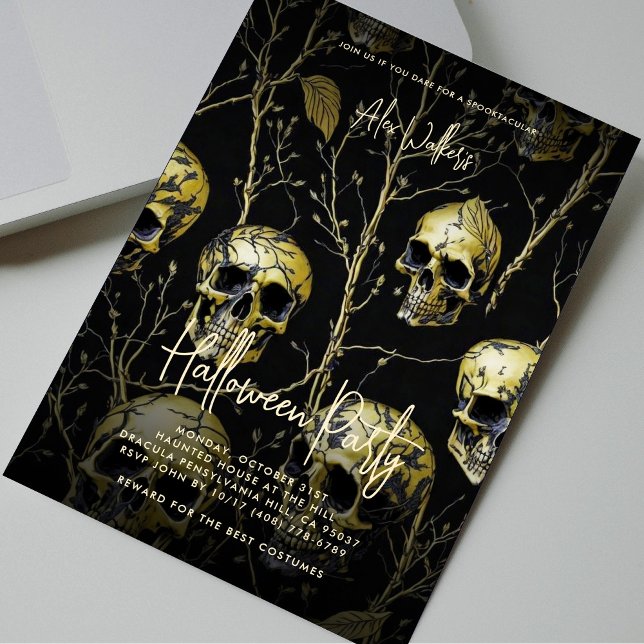 Vuxen Halloween fest Black Guld Skull Modern Inbjudningar (Adult Halloween Party Black Gold Skull Modern Invitation
)