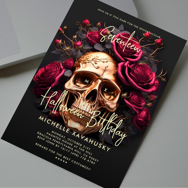 Vuxen Halloween fest Black Guld Skull Röd ros Inbjudningar (Adult Halloween Party Birthday Gothic Black Gold Skull Red Roses Invitation
)
