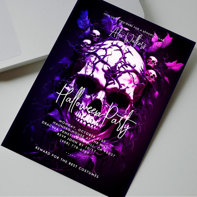 Vuxen Halloween fest Mörk blått Lila Skull Inbjudningar (Adult Halloween Party Dark Blue Purple Skull Invitation)