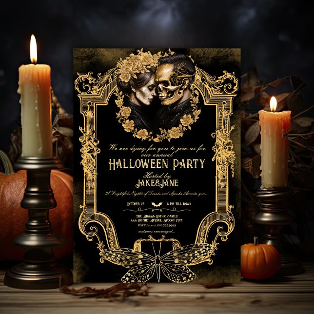 Vuxen Halloween fest Skull Älskare Gothic Guld Inbjudningar (Skapare uppladdad)
