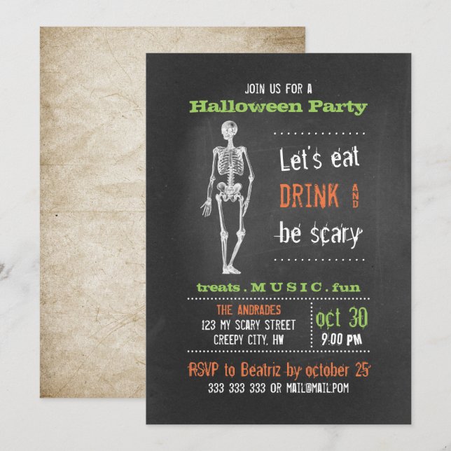 Vuxen Halloween fest Vintage Skeleton Chalkboard Inbjudningar (Fram/baksida)