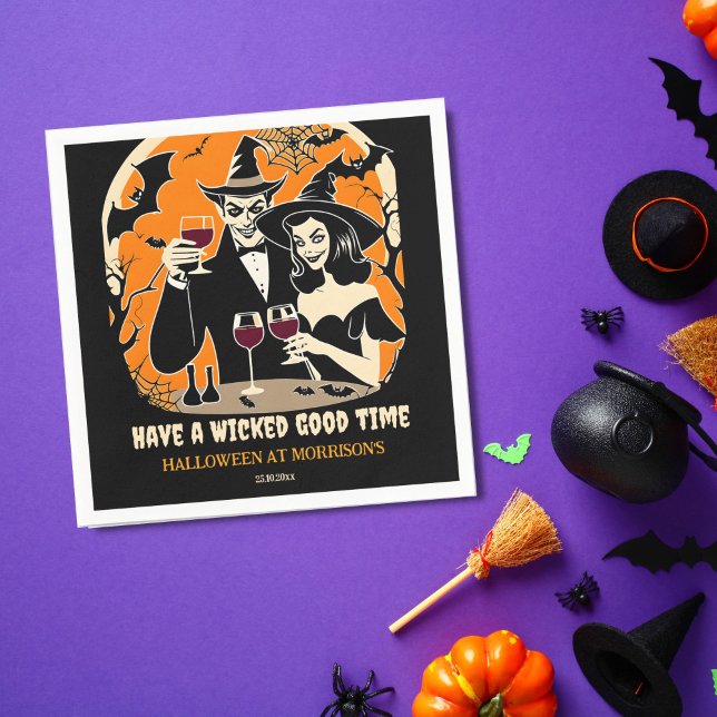 Vuxen Halloween-filliknande bra-party-bordsvara Pappersservett (Adult Halloween party tableware personalized napkins wicked good time retro witch a Dracula )
