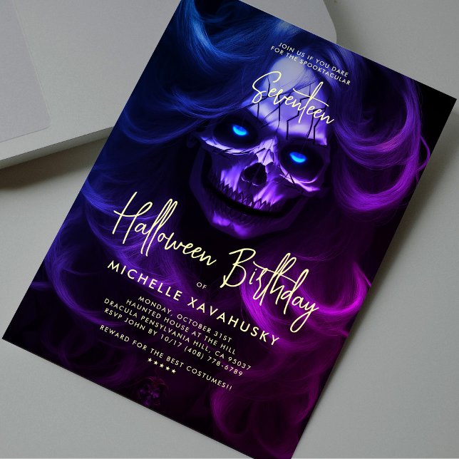 Vuxen Halloween Födelsedagsfest Dam Skull Modern Inbjudningar (Adult Halloween Birthday Party Lady Skull Modern Invitation
)
