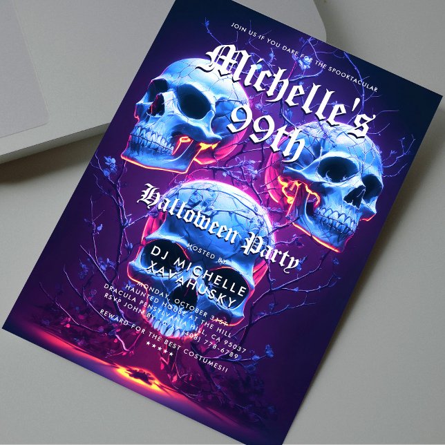 Vuxen Halloween Födelsedagsfest Neon Skull Modern Inbjudningar (Adult Halloween Birthday Party Neon Skull Modern Invitation
)