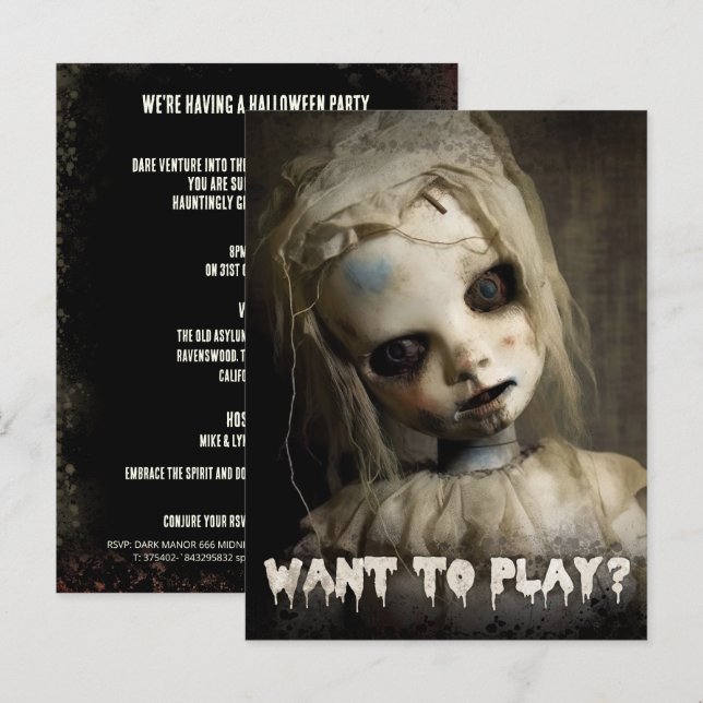 Vuxen Halloween-inbjudan till Creepy Doll Budget Vykort (Fram/baksida)