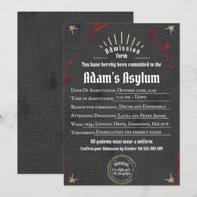Vuxen Halloween Lunatic Asylum Spooky Gothic Party Inbjudningar (Fram/baksida)