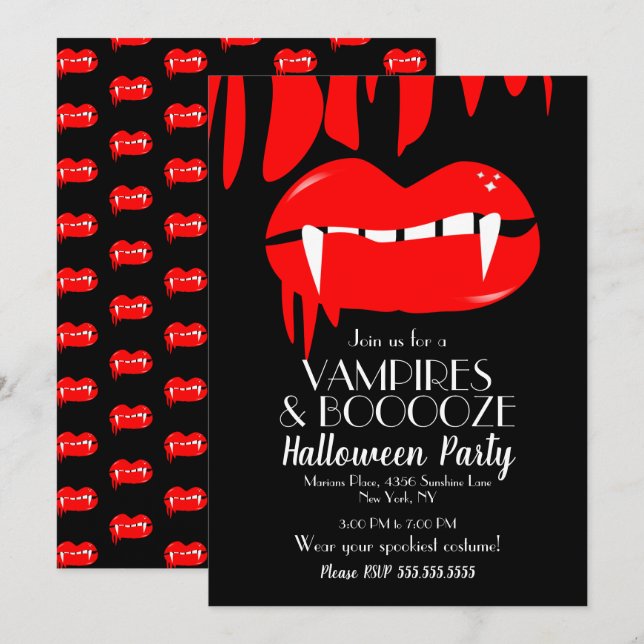 Vuxen Halloween-vampyrfest - röd svart inbjudan (Fram/baksida)