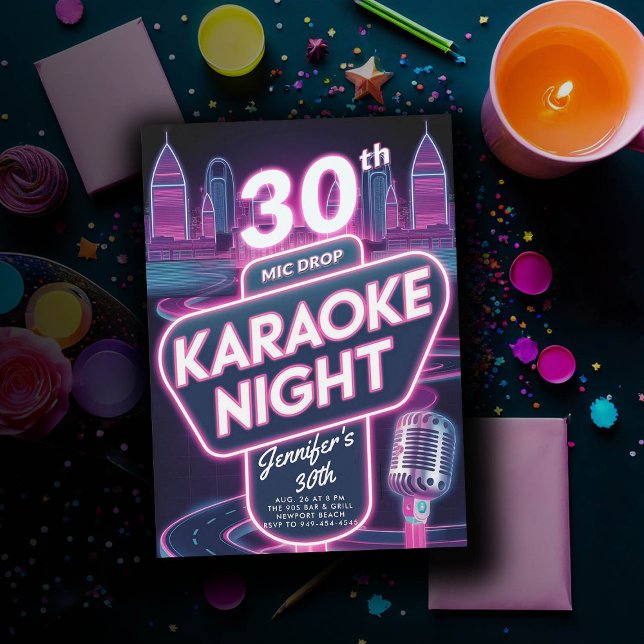 Vuxen Karaoke 90s Neon Rosa Glow 30års födelsedag Inbjudningar (90s neon glow arcade pink birthday invitation for women millennial y2k)