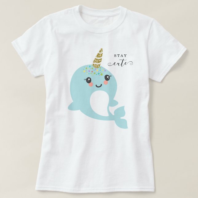 Vuxen kvinna randar för regnbåge för Narwhal guld- T Shirt (Design framsida)