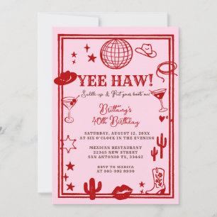 Vuxen Rosa Red Cowgirl Western Birthday Inbjudningar