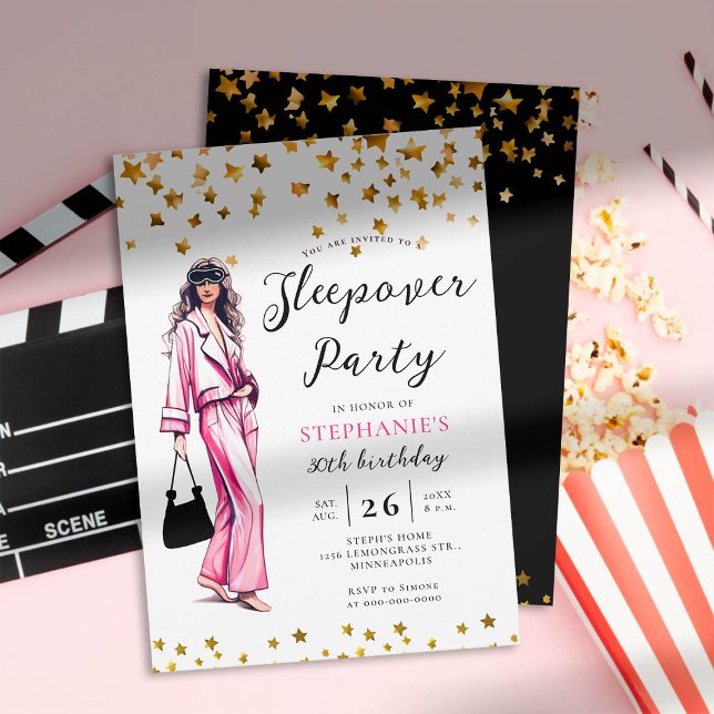 Vuxen Sleepover Party Mode Rosa 30års födelsedag Inbjudningar (adult sleepover party invitation 30th birthday women fashion pajama hot pink gold stars elegant chic)