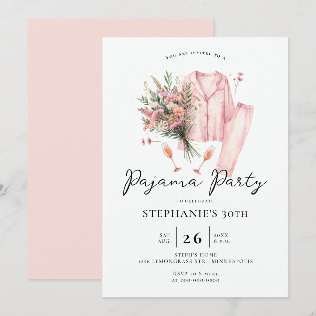 Vuxen Sleepover Party Vild Flowers 30års födelseda Inbjudningar (Fram/baksida)