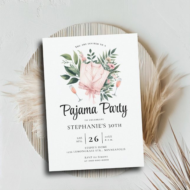 Vuxen Sleepover Party Wildblommor 30års födelsedag Inbjudningar (adult pajama party 30th birthday invitation slumber sleepover elegant wildflowers botanical chic)