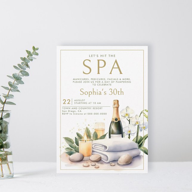 Vuxen Spa Party Champagne Orchid 30års födelsedag Inbjudningar (adult spa party invitation 30th birthday for women elegant watercolor champagne orchid classy)
