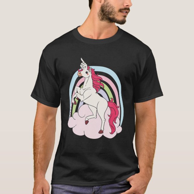 Vuxen Unicorn, Mitten Finger Horn T Shirt (Framsida)