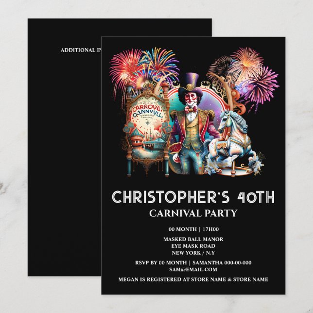 Vuxna cirkus karnival tema ringmasterkarusell inbjudningar (Fram/baksida)