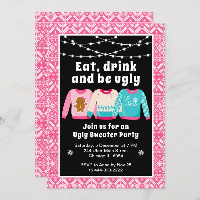 Vuxna julsötare Julfest Rosa Inbjudningar (Fram/baksida)