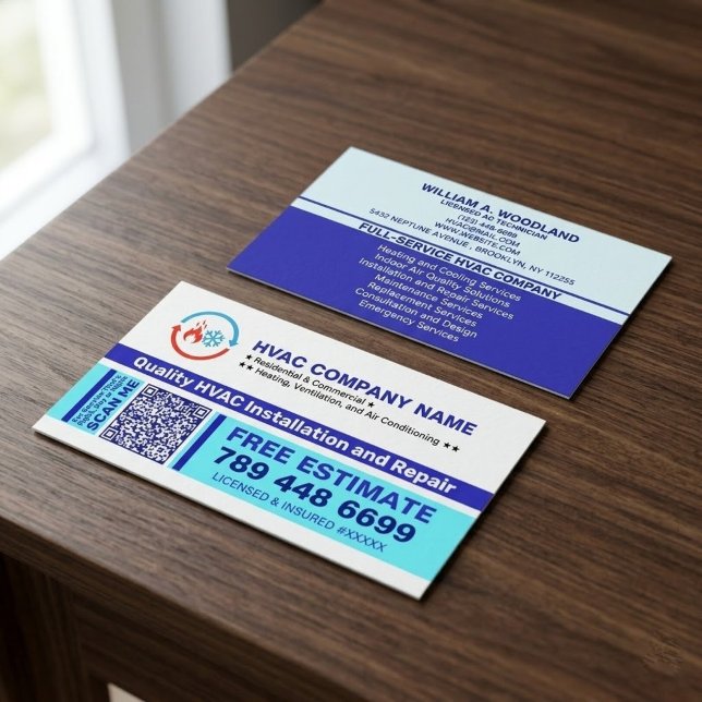 VVS-logotyp & QR-kod & slogans | Installera & repa Visitkort (professional hvac repair cards, air conditioning installation cards, custom logo for hvac company)