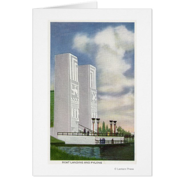 Vy över båtlandning och pyloner hälsningskort (Framsidan)