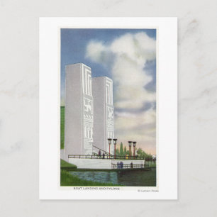 Vy över båtlandning och pyloner vykort