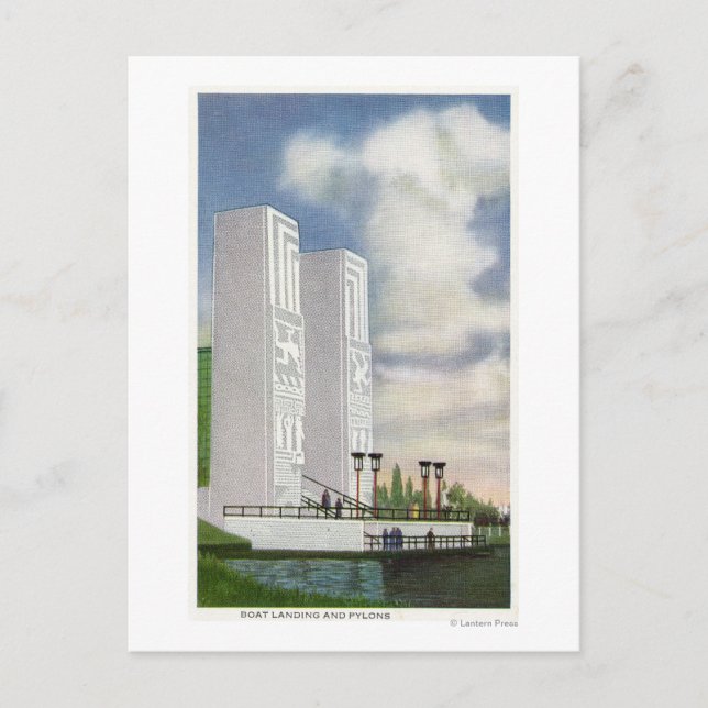 Vy över båtlandning och pyloner vykort (Framsida)