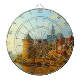 Vy över en nederländsk stad längs floden Rhen Darttavla