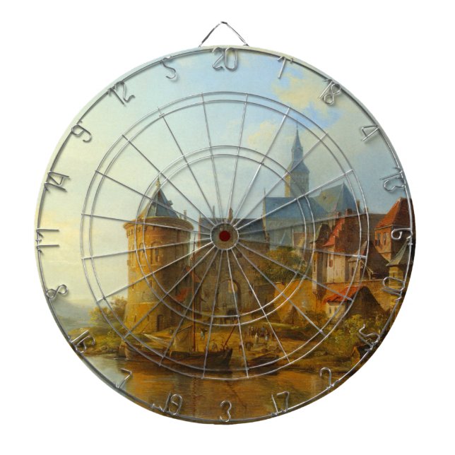 Vy över en nederländsk stad längs floden Rhen Darttavla (Framsidan)