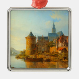 Vy över en nederländsk stad längs floden Rhen Julgransprydnad Metall