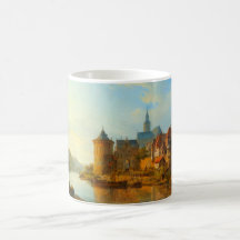 Vy över en nederländsk stad längs floden Rhen