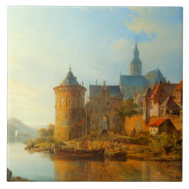 Vy över en nederländsk stad längs floden Rhen Kakelplatta