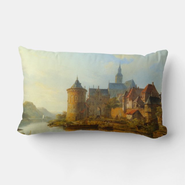 Vy över en nederländsk stad längs floden Rhen Lumbarkudde (Baksida)