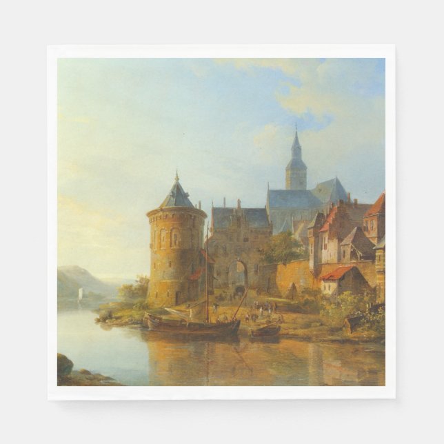 Vy över en nederländsk stad längs floden Rhen Pappersservett (Framsidan)