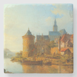 Vy över en nederländsk stad längs floden Rhen Stenunderlägg