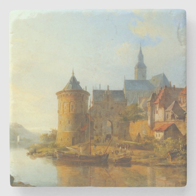 Vy över en nederländsk stad längs floden Rhen Stenunderlägg (Framsidan)