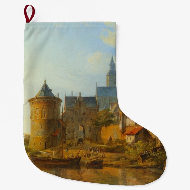 Vy över en nederländsk stad längs floden Rhen Stor Julstrumpa (Framsidan)