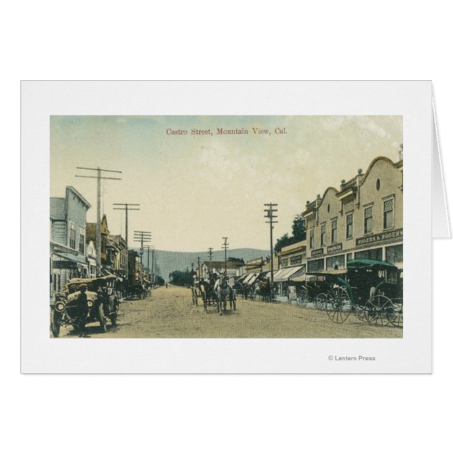 Vy över Horse Carriages på Castro Street Hälsningskort (Framsidan Horizontal)