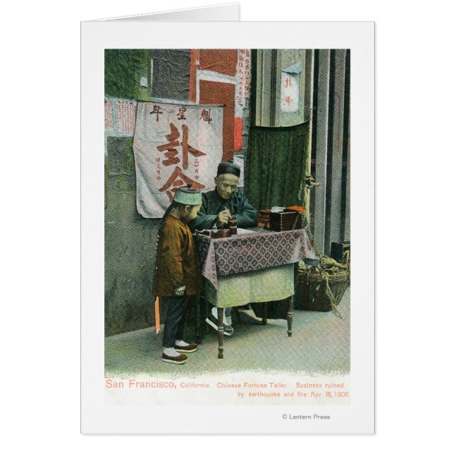 Vy över kinesisk Fortune Teller på Desk Hälsningskort (Framsidan)