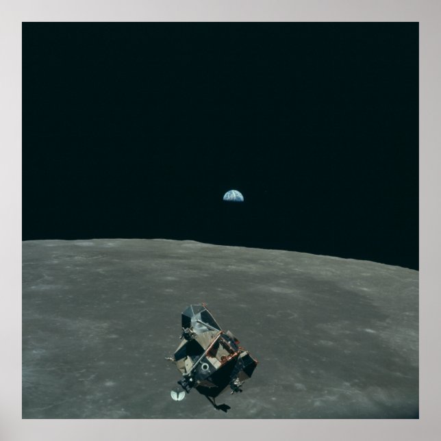 Vy över Lunar lander w Måne & Earth Poster (Framsidan)