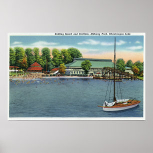 Vy över Midway Park Beach och Pavilion Poster