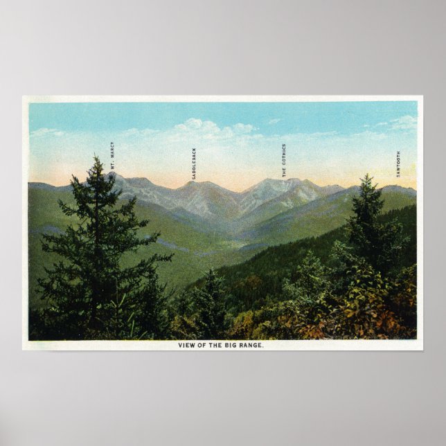 Vy över Mt. Marcy, Saddleback, Sawtooth Poster (Framsidan)