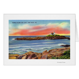 Vy över Nubble Island och fyren Hälsningskort