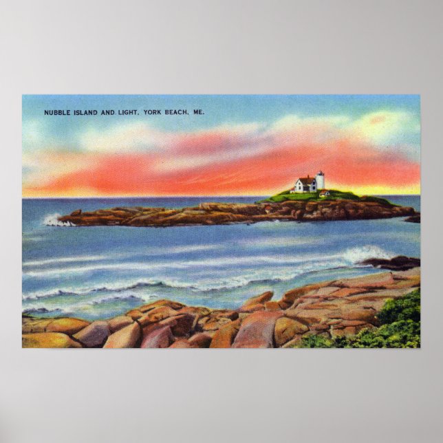 Vy över Nubble Island och fyren Poster (Framsidan)