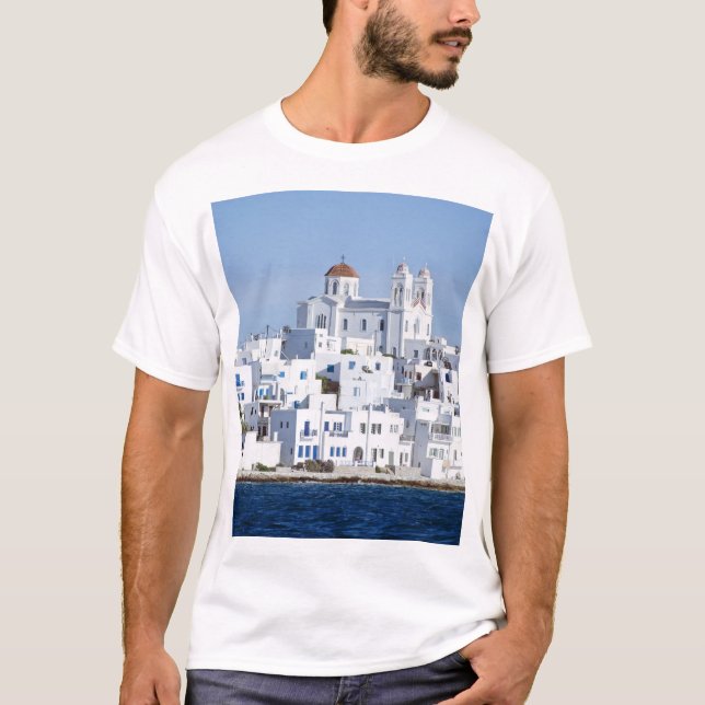 Vy över ön Paros Village Naoussa T Shirt (Framsida)