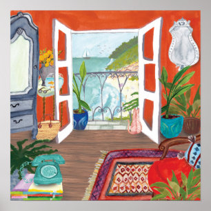 Vy över Sea Apartment Insida Watercolor Art Poster