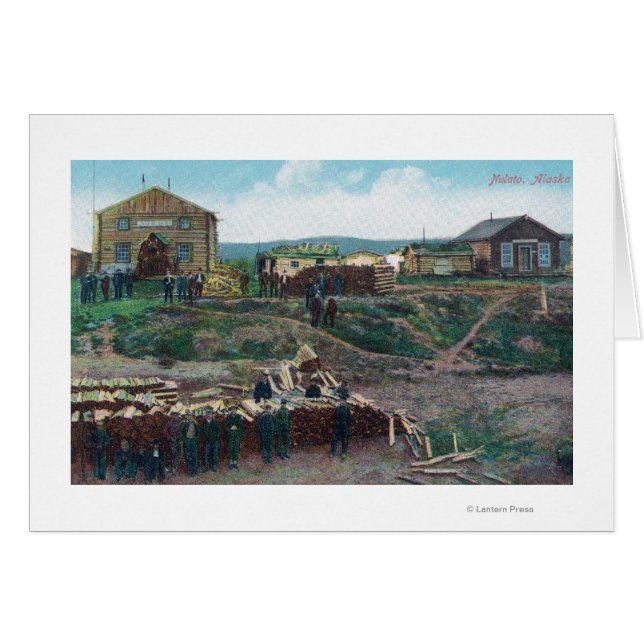 Vy över stadsbor runt klippt träNulato, AK Hälsningskort (Framsidan Horizontal)