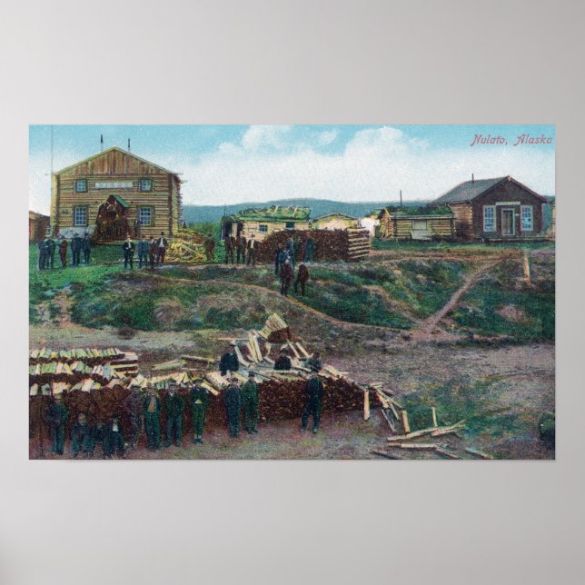 Vy över stadsbor runt klippt träNulato, AK Poster (Framsidan)