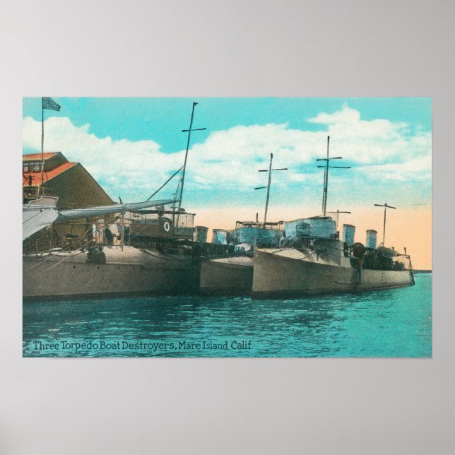 Vy över tre Torpedo Boat Förstörare i Dock Poster (Framsidan)