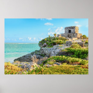 Vy över Tulum Ruins, Gud för Vind Temple, Mexiko Poster